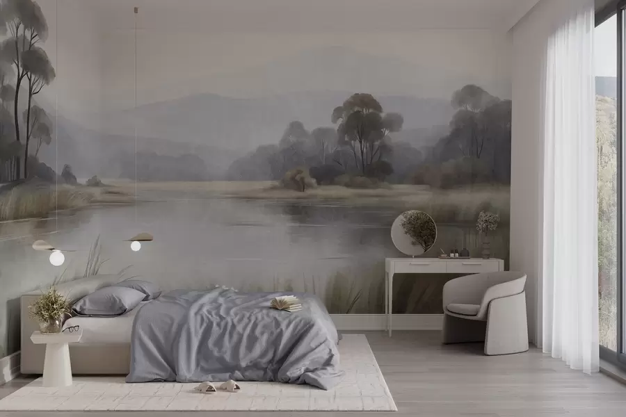 murais de parede Paisagem com relevo, com um lago, ervas altas, árvores e montanhas ao fundo w09983