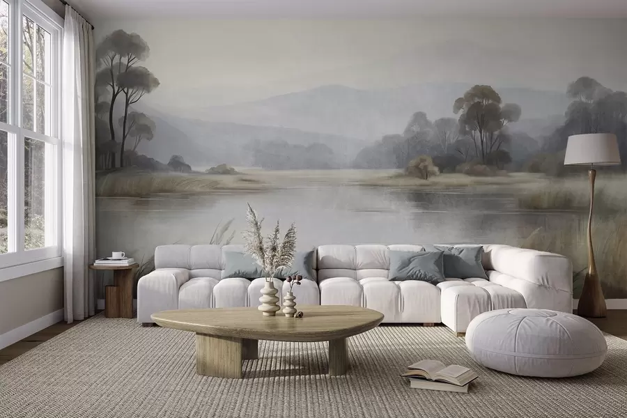 murais de parede Paisagem com relevo, com um lago, ervas altas, árvores e montanhas ao fundo w09983