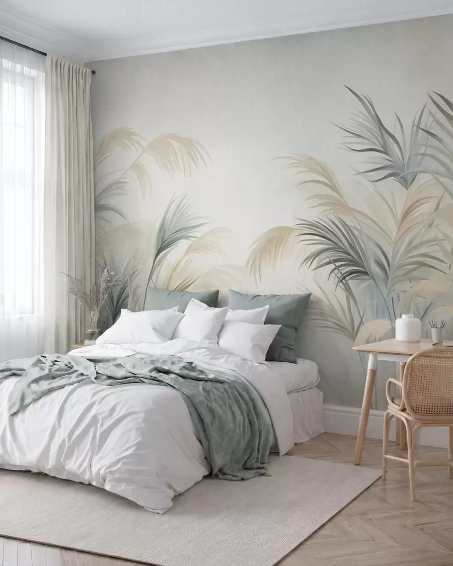 murais de parede Plantas altas em tons suaves de bege, verde e cinzento, contra um fundo de textura suave w09984