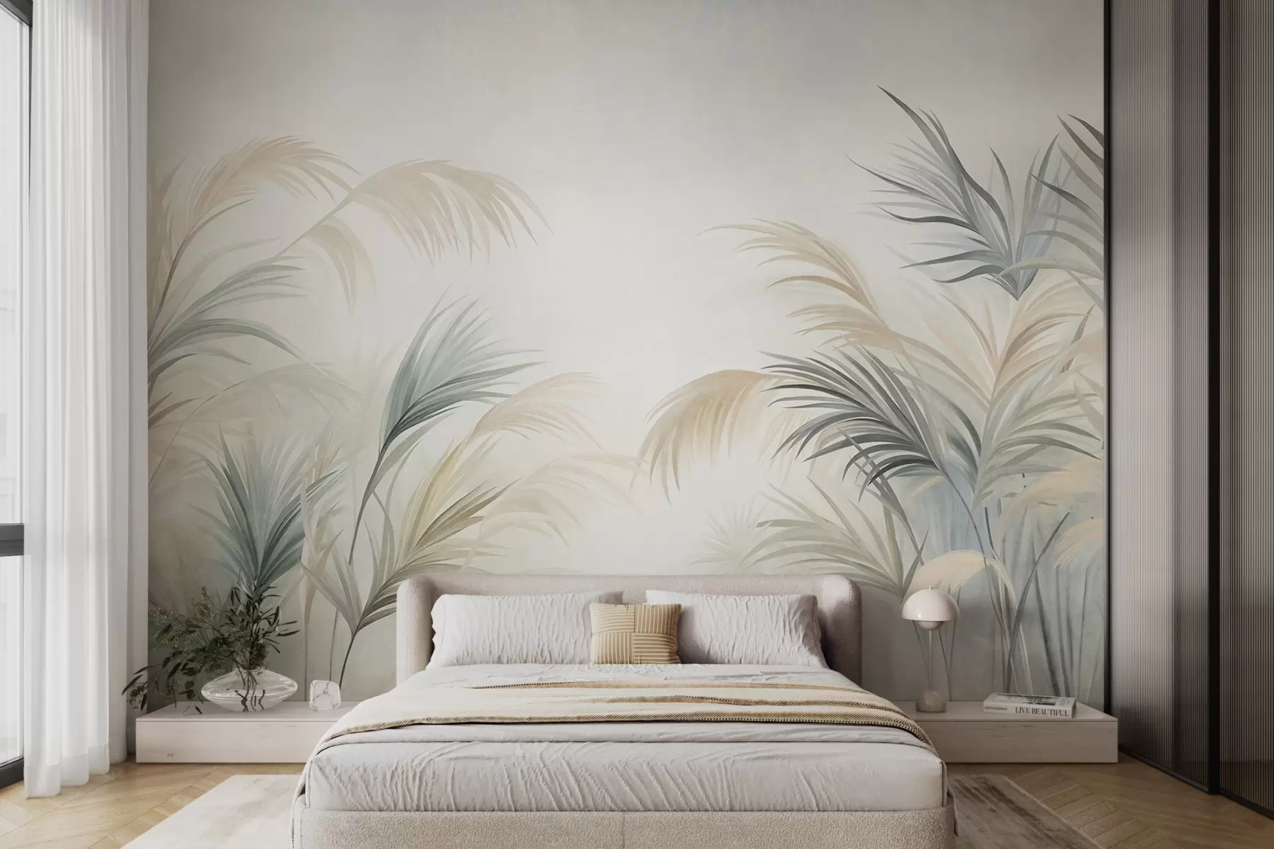 murais de parede Plantas altas em tons suaves de bege, verde e cinzento, contra um fundo de textura suave w09984