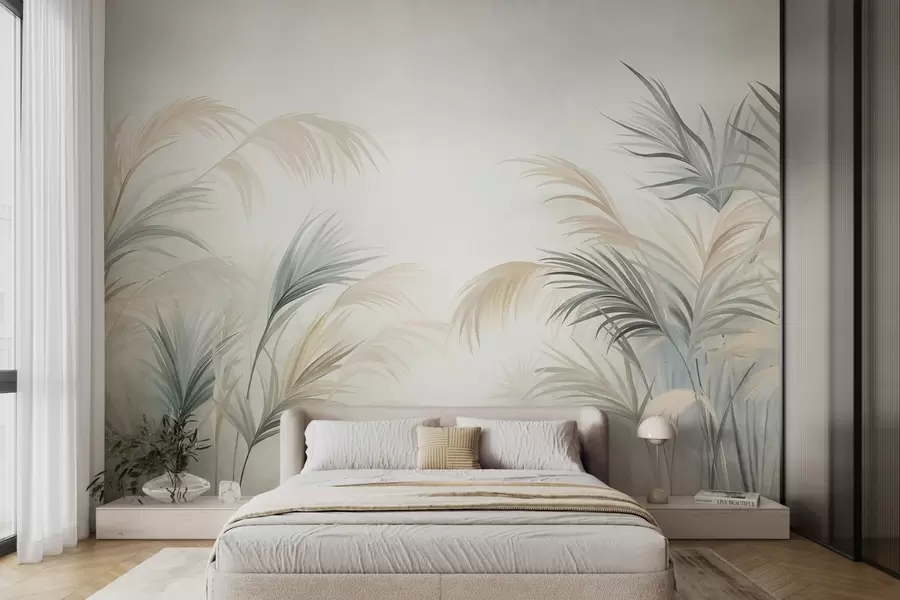 murais de parede Plantas altas em tons suaves de bege, verde e cinzento, contra um fundo de textura suave w09984