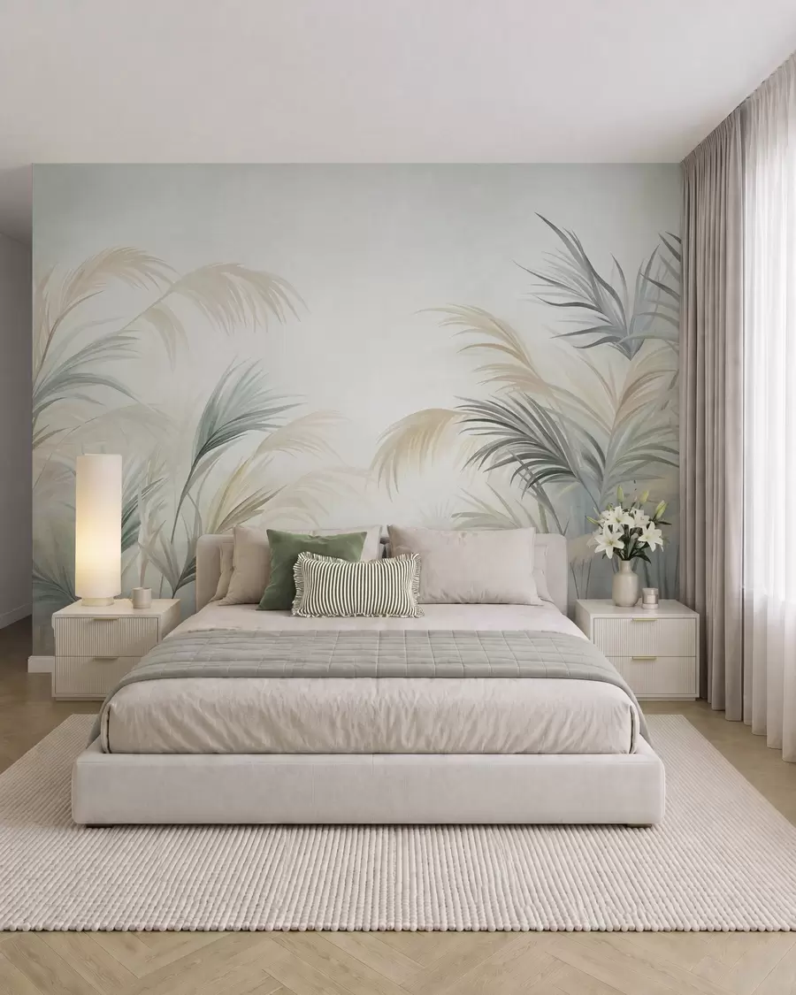 murais de parede Plantas altas em tons suaves de bege, verde e cinzento, contra um fundo de textura suave w09984