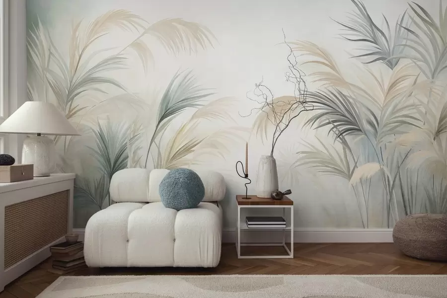murais de parede Plantas altas em tons suaves de bege, verde e cinzento, contra um fundo de textura suave w09984