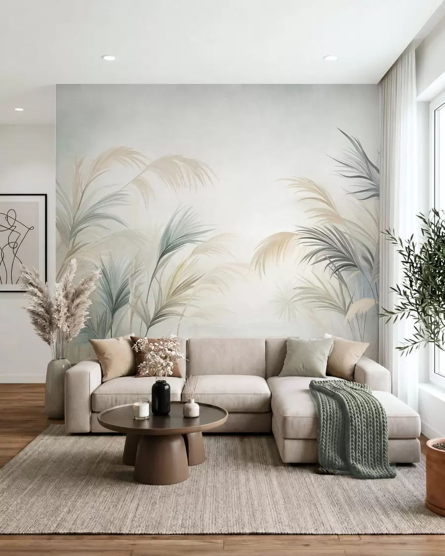 murais de parede Plantas altas em tons suaves de bege, verde e cinzento, contra um fundo de textura suave w09984