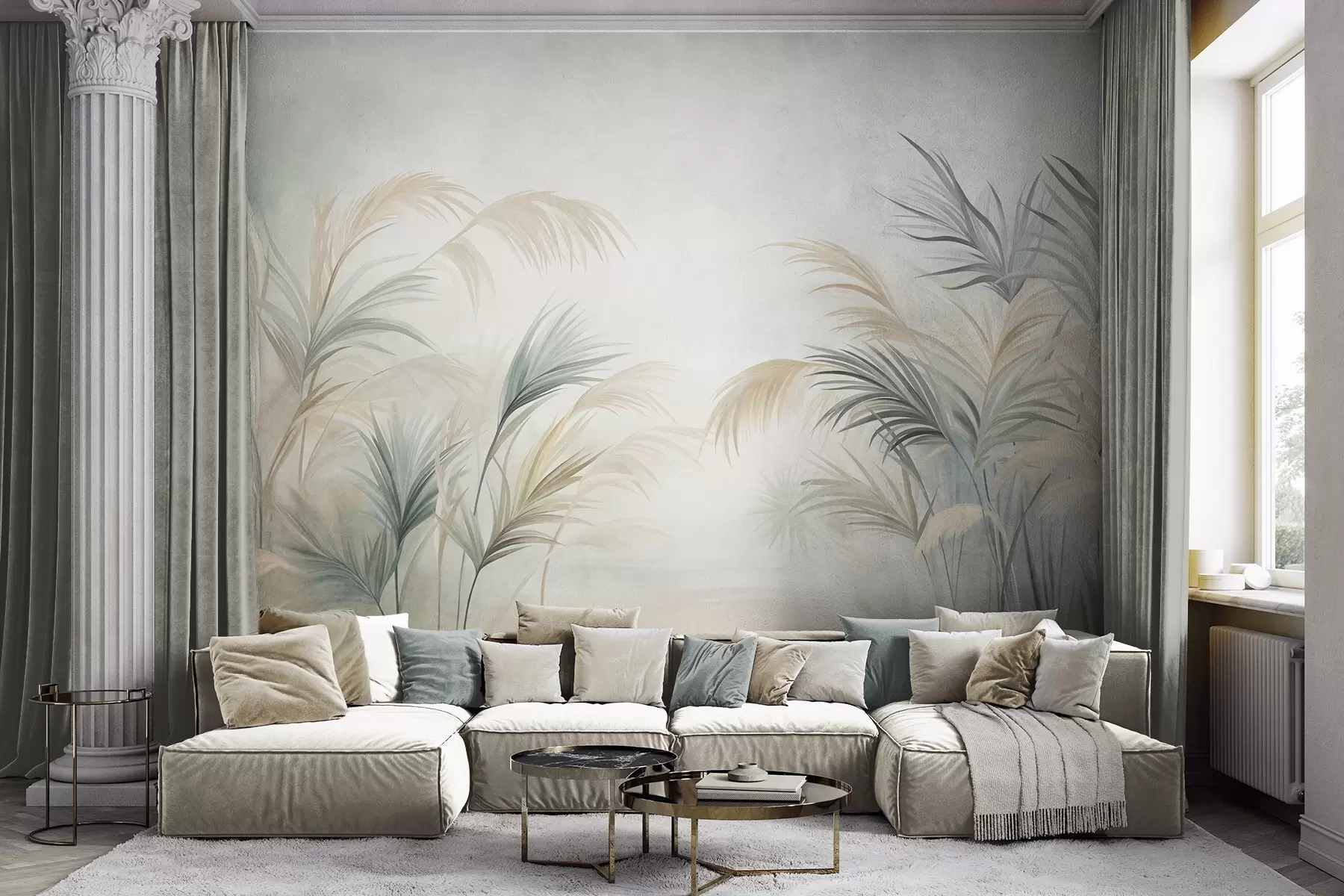 murais de parede Plantas altas em tons suaves de bege, verde e cinzento, contra um fundo de textura suave w09984