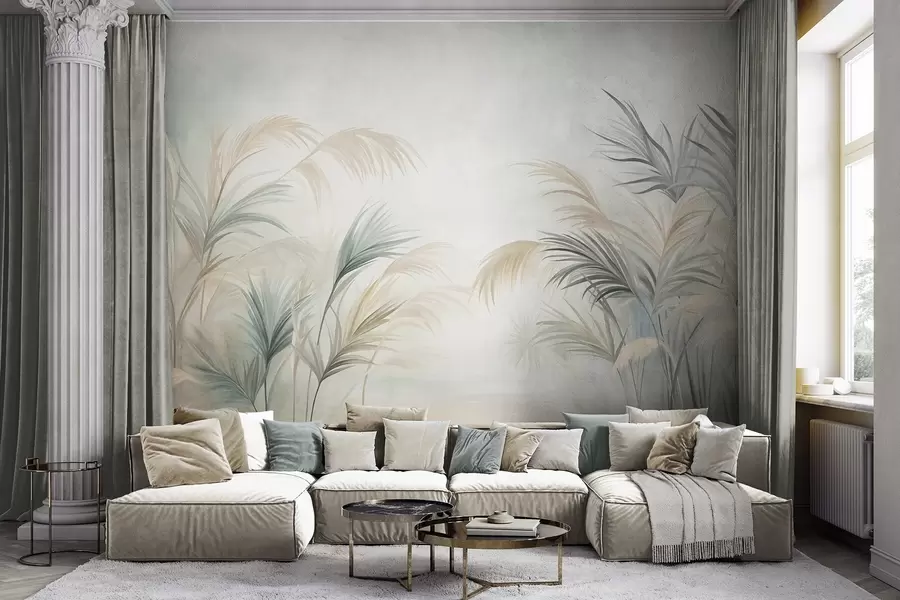 murais de parede Plantas altas em tons suaves de bege, verde e cinzento, contra um fundo de textura suave w09984