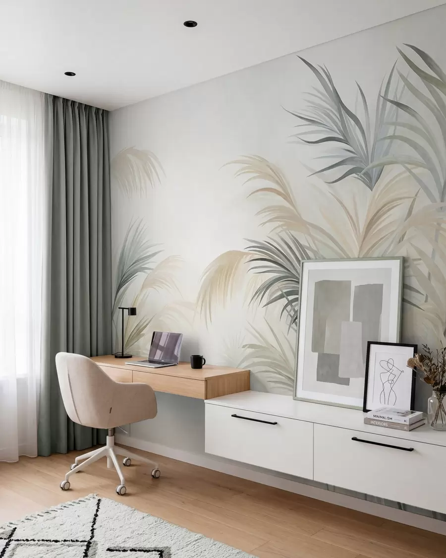 murais de parede Plantas altas em tons suaves de bege, verde e cinzento, contra um fundo de textura suave w09984