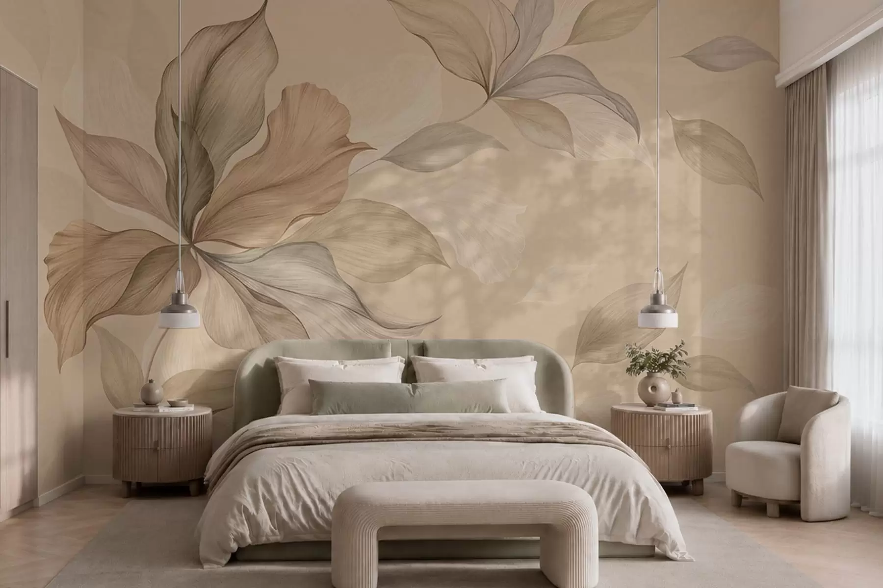 murais de parede Folhas decorativas grandes sobre um fundo quente w05733