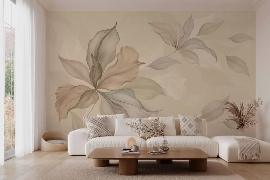 murais de parede Folhas decorativas grandes sobre um fundo quente w05733