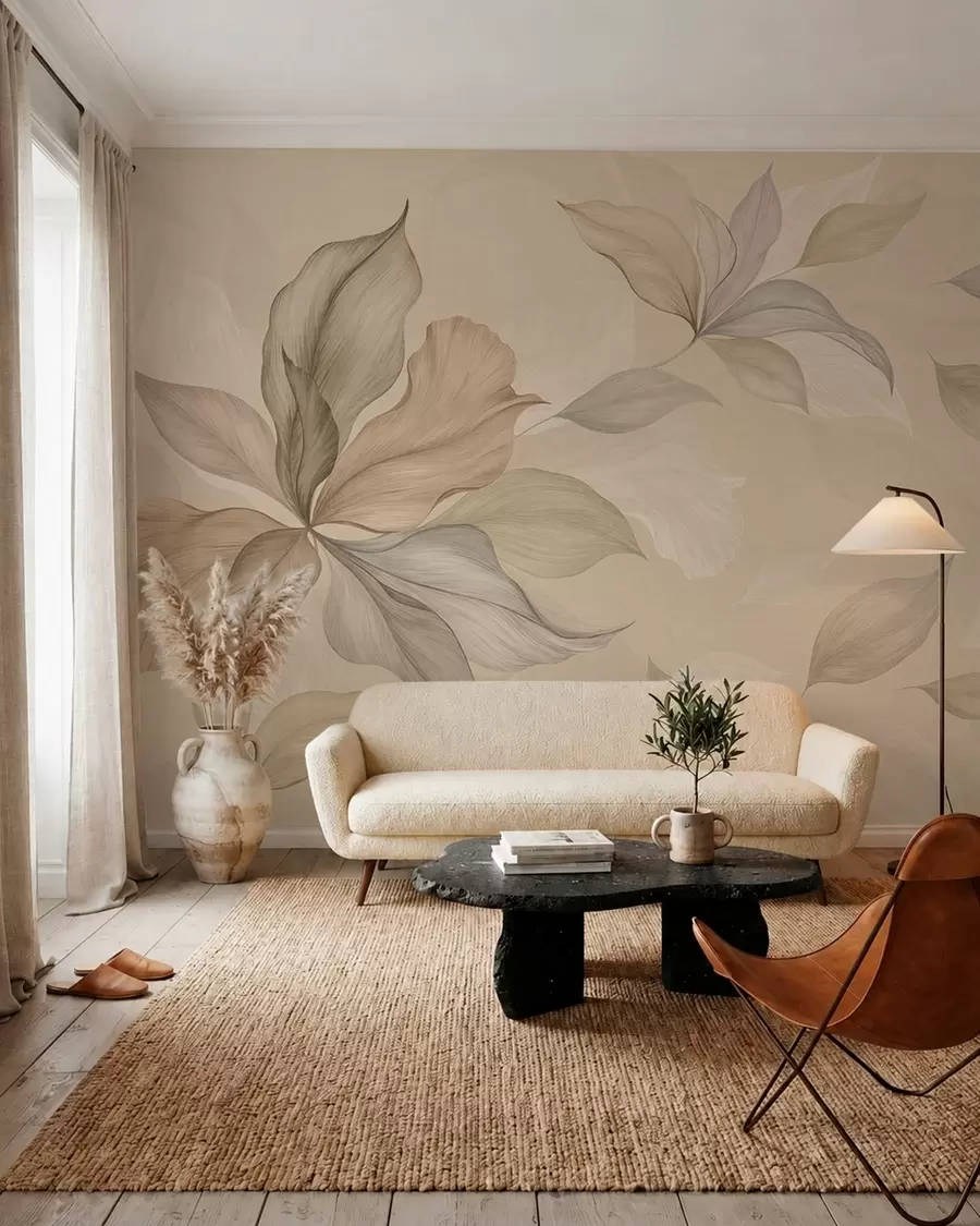 murais de parede Folhas decorativas grandes sobre um fundo quente w05733