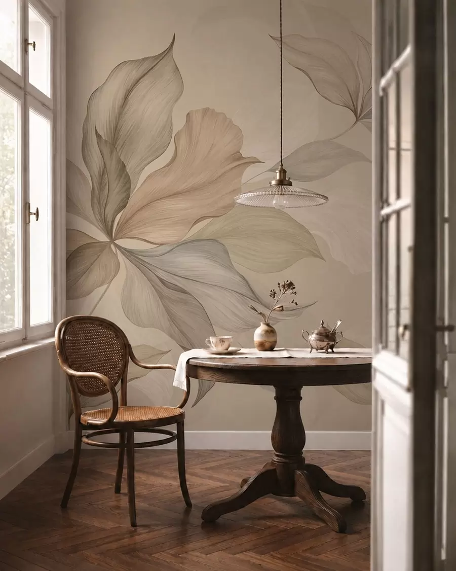murais de parede Folhas decorativas grandes sobre um fundo quente w05733