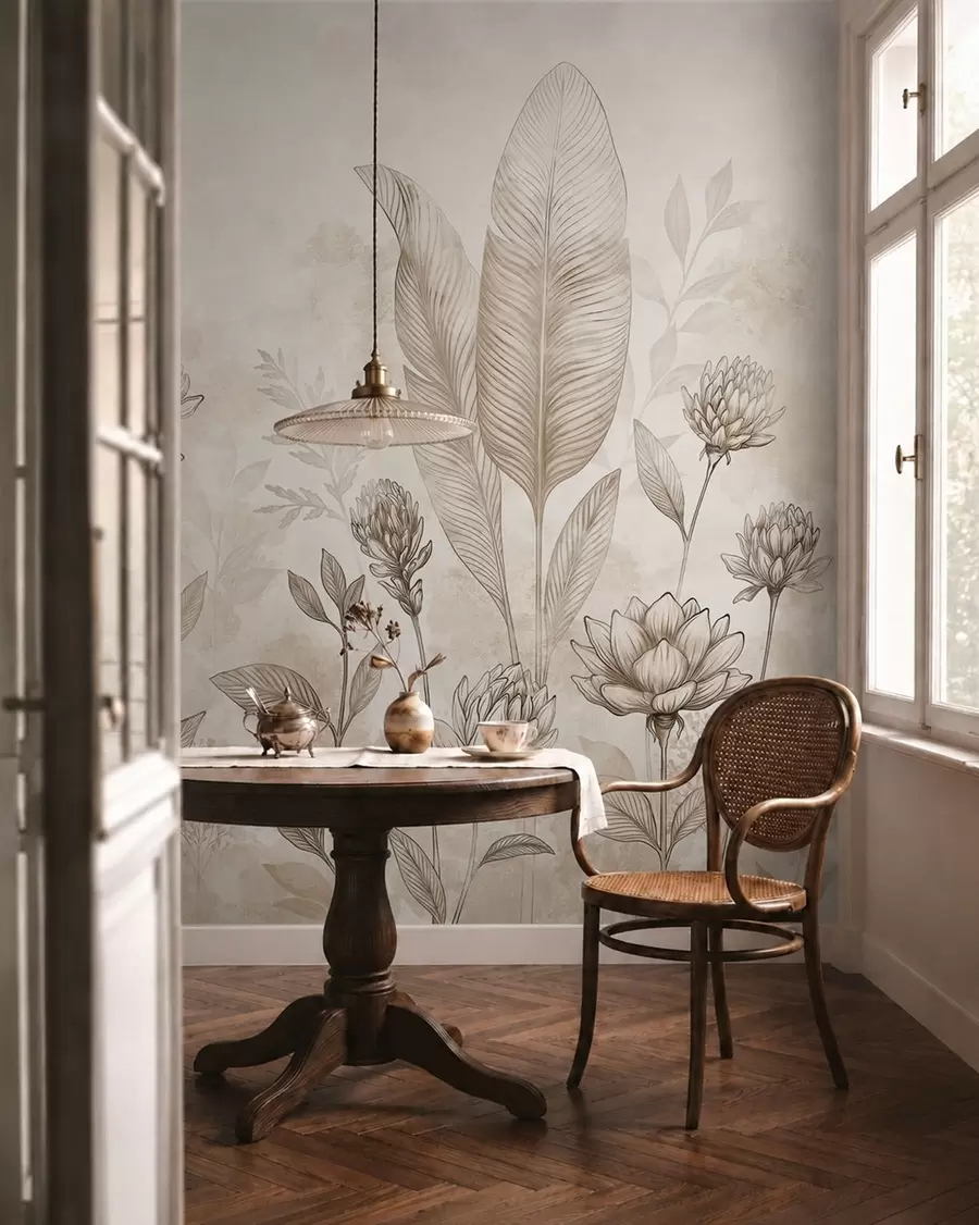 murais de parede Composição botânica com flores e folhas w05802