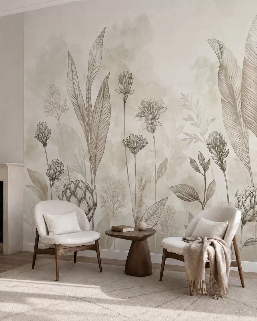 murais de parede Composição botânica com flores e folhas w05802