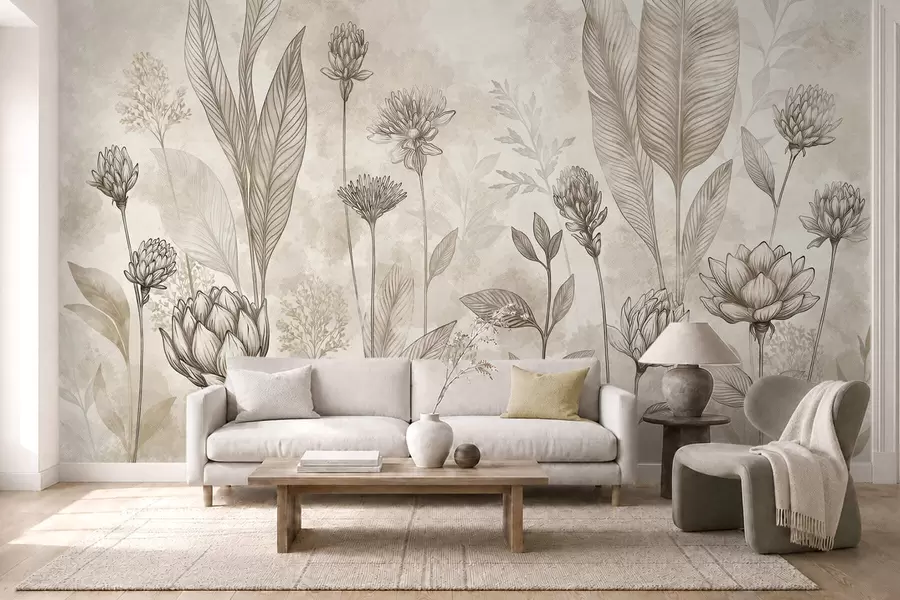 murais de parede Composição botânica com flores e folhas w05802