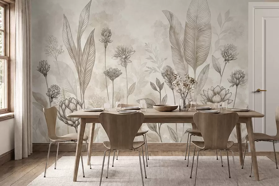 murais de parede Composição botânica com flores e folhas w05802