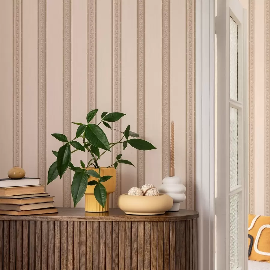 murais de parede Listras elegantes em bege com folhas a01249v2