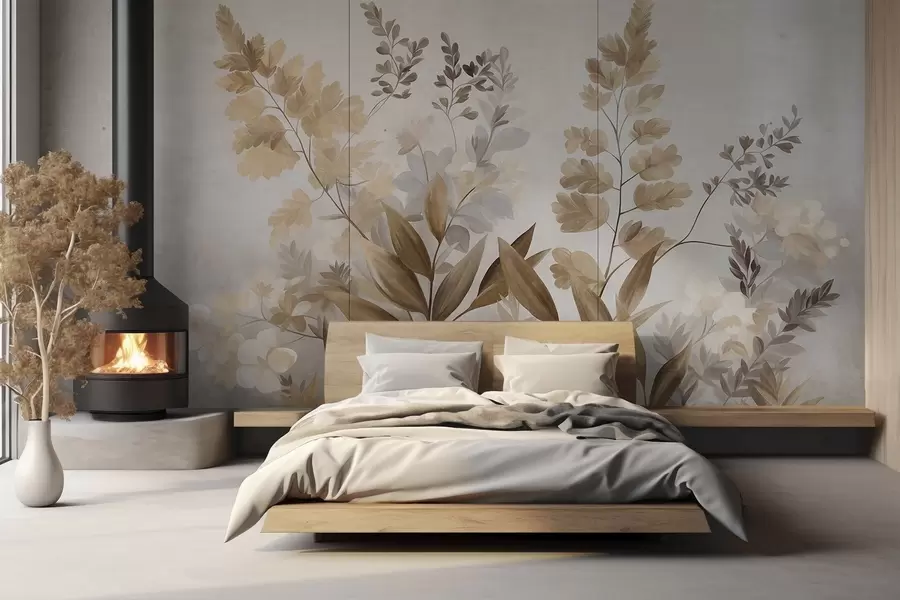 murais de parede Arte botânica com textura, várias plantas e folhas em tons de castanho e bege w09979