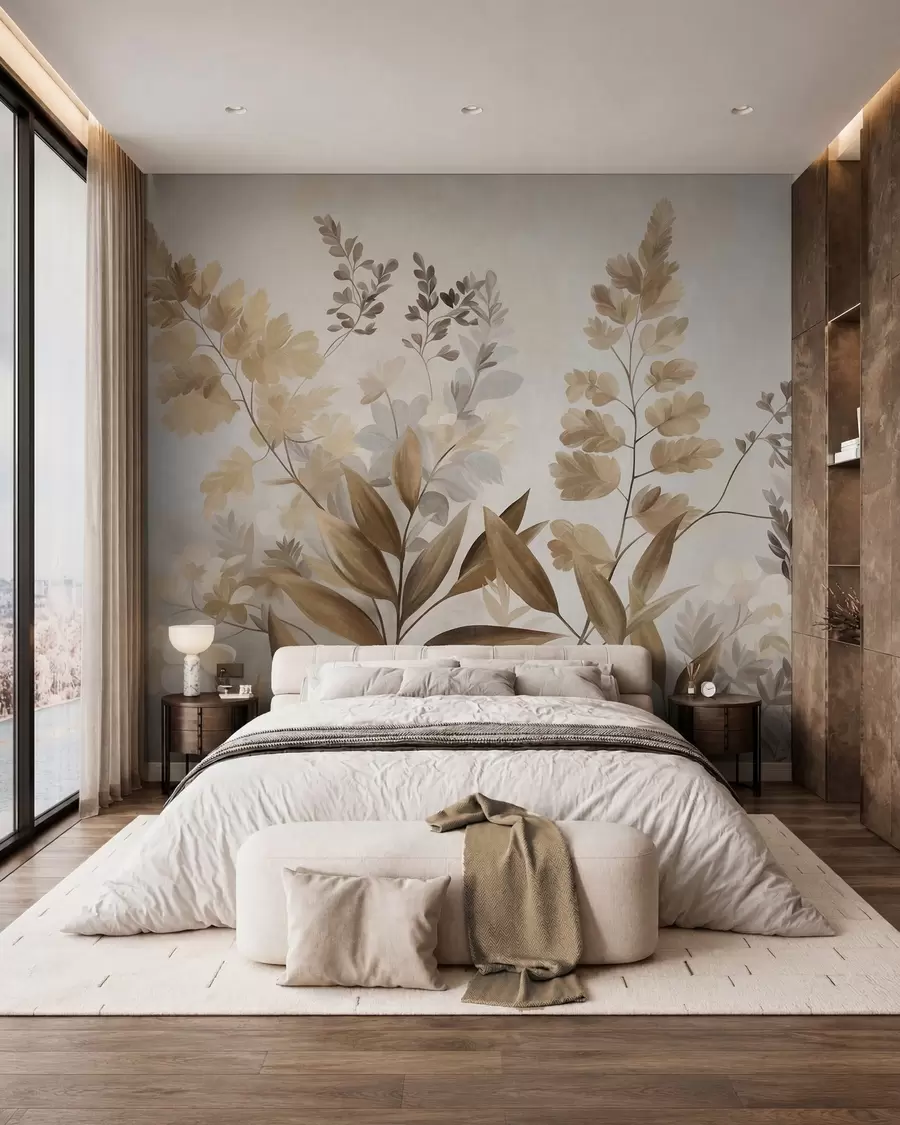 murais de parede Arte botânica com textura, várias plantas e folhas em tons de castanho e bege w09979