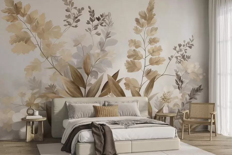 murais de parede Arte botânica com textura, várias plantas e folhas em tons de castanho e bege w09979