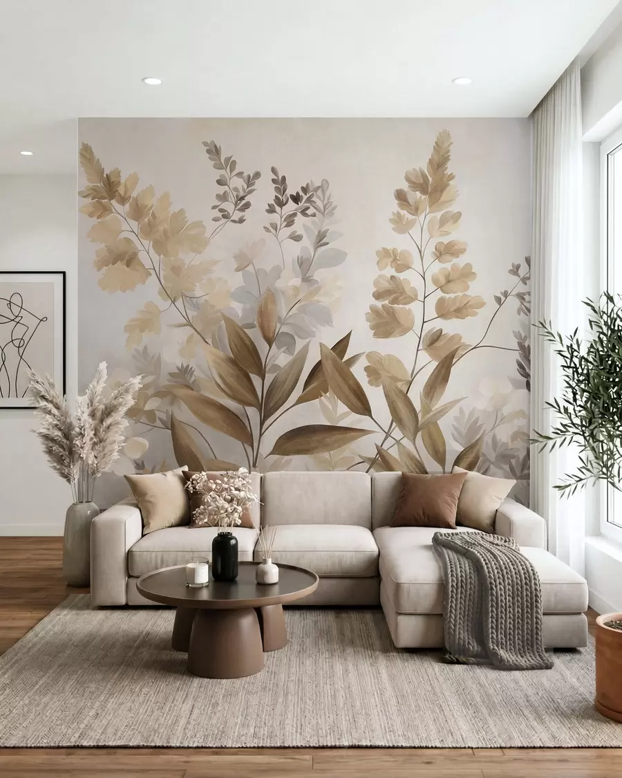 murais de parede Arte botânica com textura, várias plantas e folhas em tons de castanho e bege w09979
