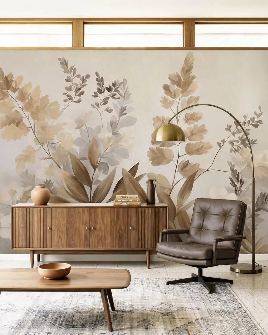murais de parede Arte botânica com textura, várias plantas e folhas em tons de castanho e bege w09979