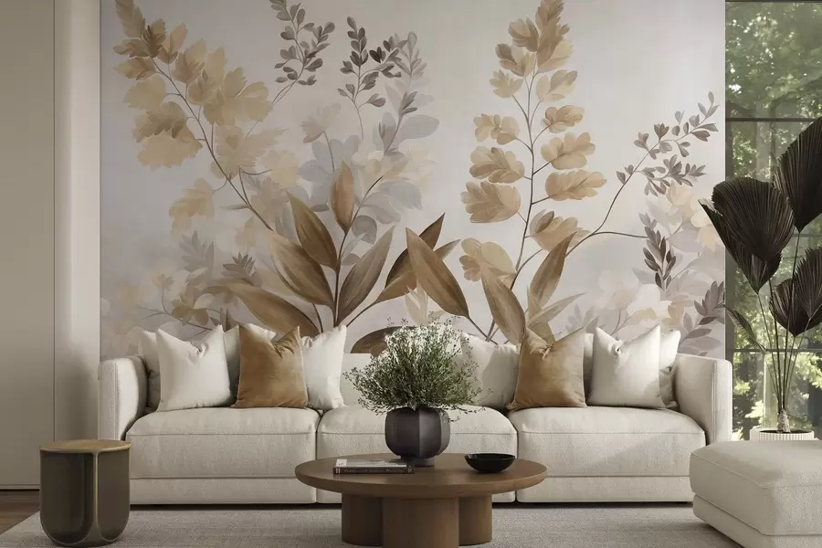 murais de parede Arte botânica com textura, várias plantas e folhas em tons de castanho e bege w09979