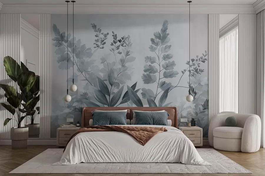 murais de parede Arte botânica texturada, várias plantas e folhas em tons de azul e cinzento w09979v1