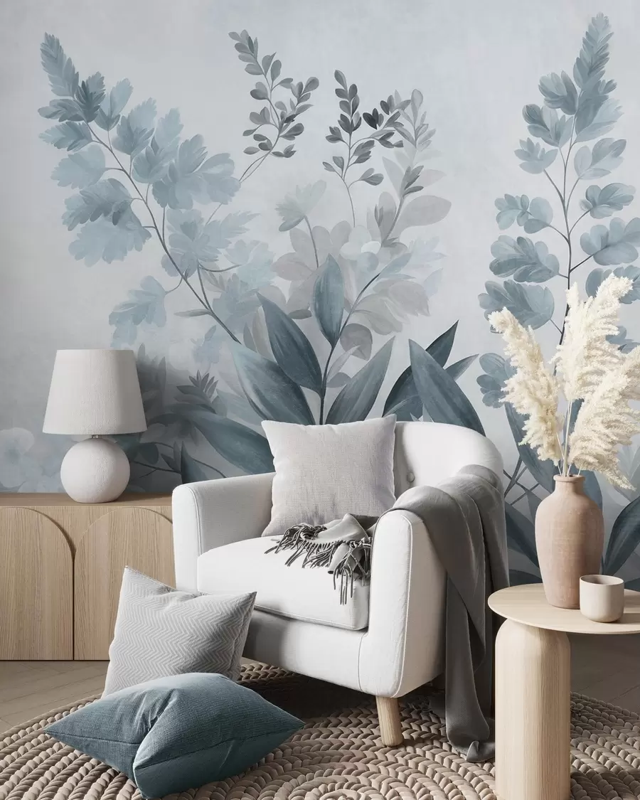 murais de parede Arte botânica texturada, várias plantas e folhas em tons de azul e cinzento w09979v1