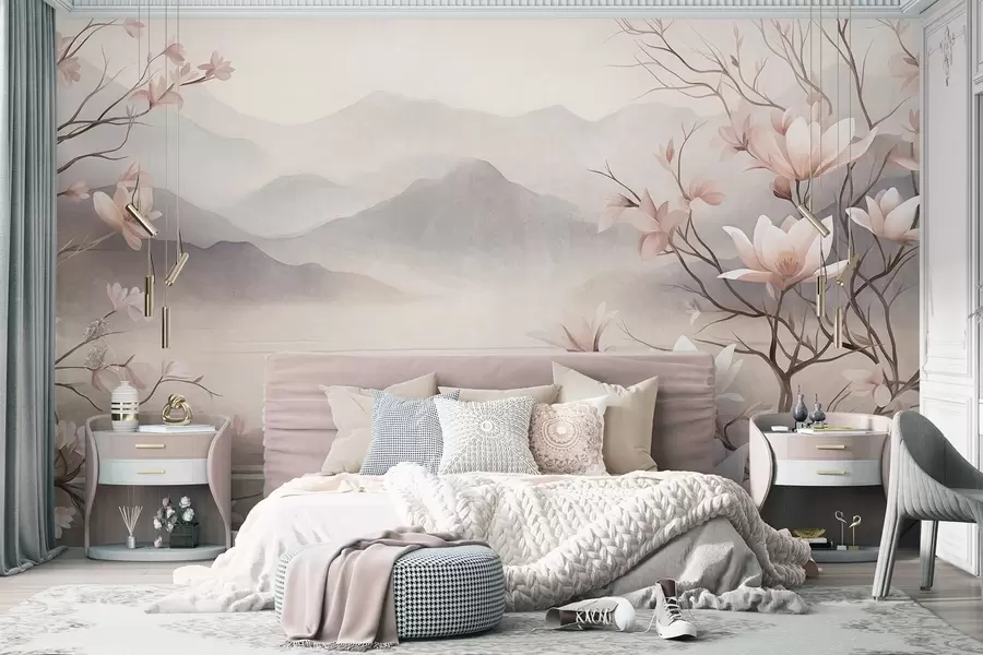 murais de parede Montanhas e ramos de magnólia em flor, de cor rosa, numa paisagem rica em texturas w10013
