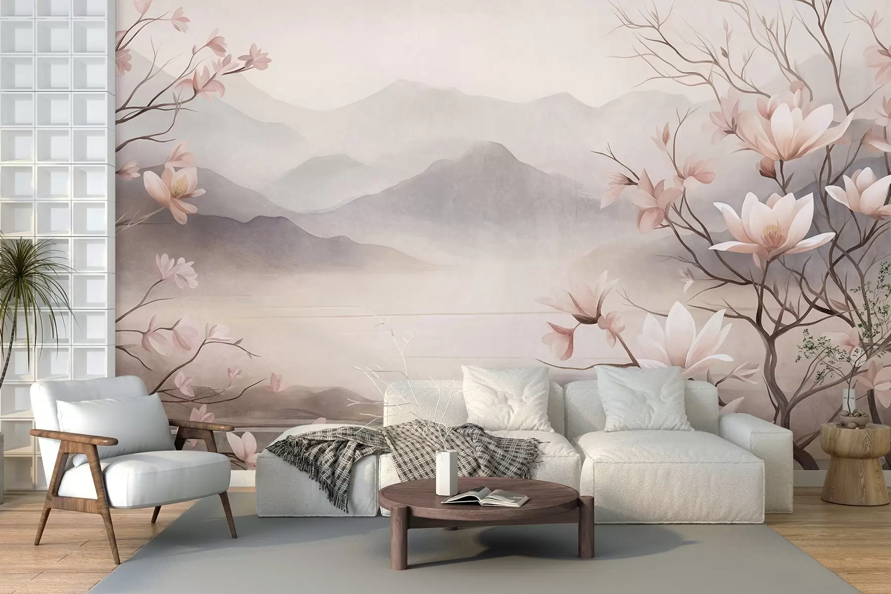 murais de parede Montanhas e ramos de magnólia em flor, de cor rosa, numa paisagem rica em texturas w10013