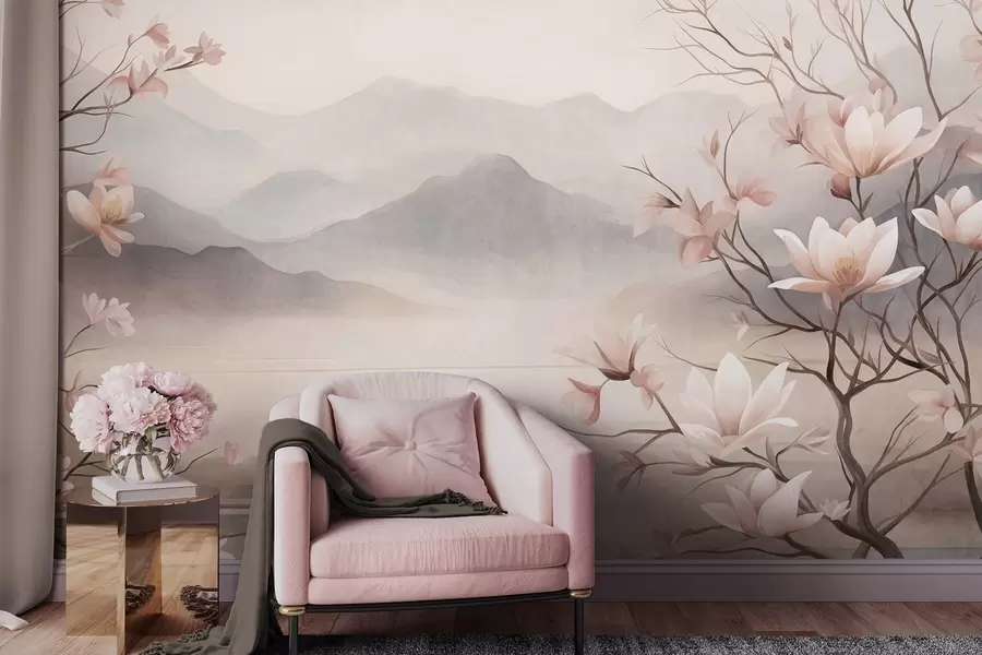 murais de parede Montanhas e ramos de magnólia em flor, de cor rosa, numa paisagem rica em texturas w10013