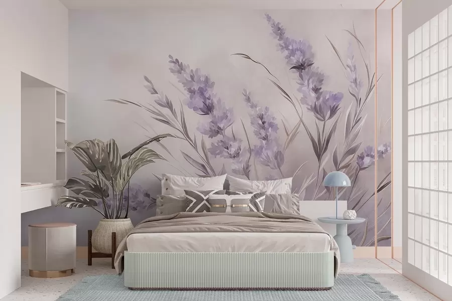 murais de parede Flores de lavanda com caules e folhas compridos, obra de arte com textura suave em tons pastel w10018
