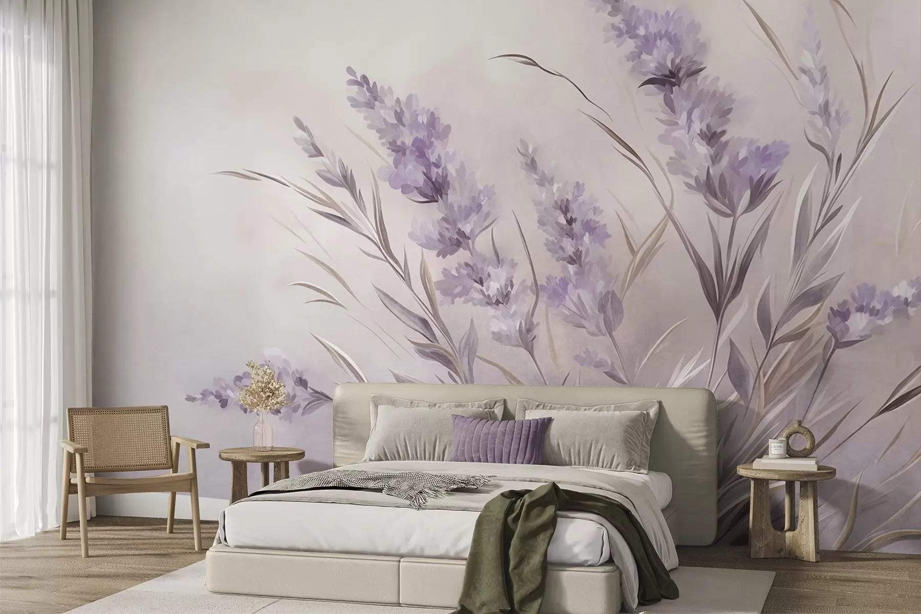 murais de parede Flores de lavanda com caules e folhas compridos, obra de arte com textura suave em tons pastel w10018