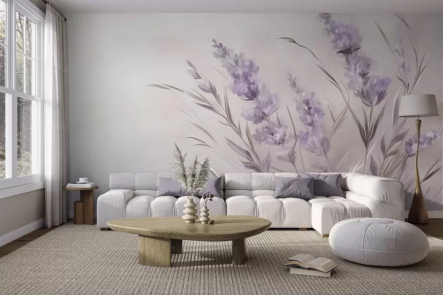 murais de parede Flores de lavanda com caules e folhas compridos, obra de arte com textura suave em tons pastel w10018