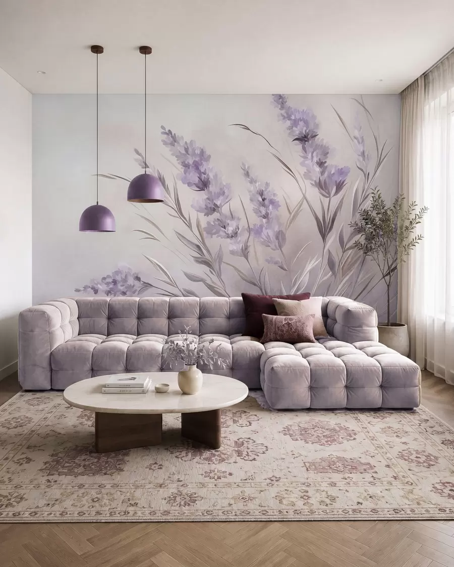 murais de parede Flores de lavanda com caules e folhas compridos, obra de arte com textura suave em tons pastel w10018