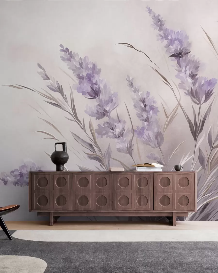 murais de parede Flores de lavanda com caules e folhas compridos, obra de arte com textura suave em tons pastel w10018