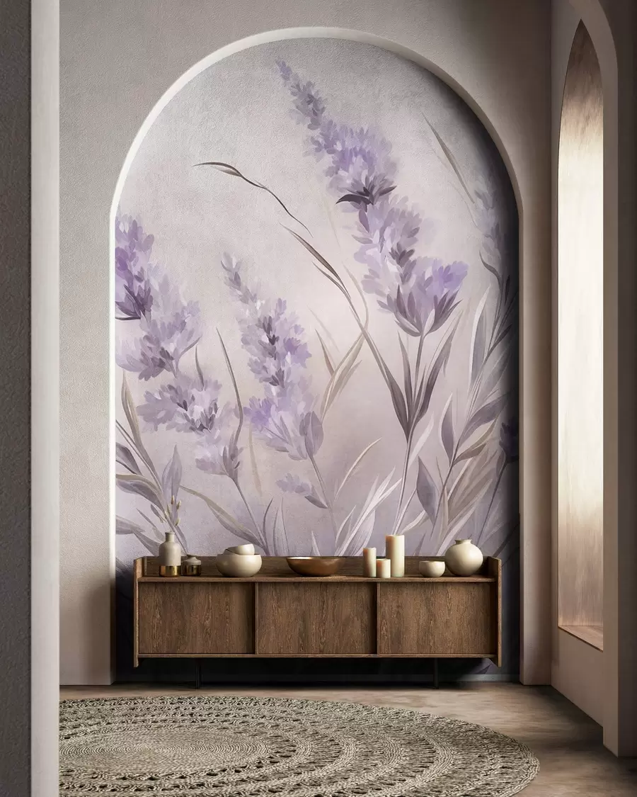 murais de parede Flores de lavanda com caules e folhas compridos, obra de arte com textura suave em tons pastel w10018