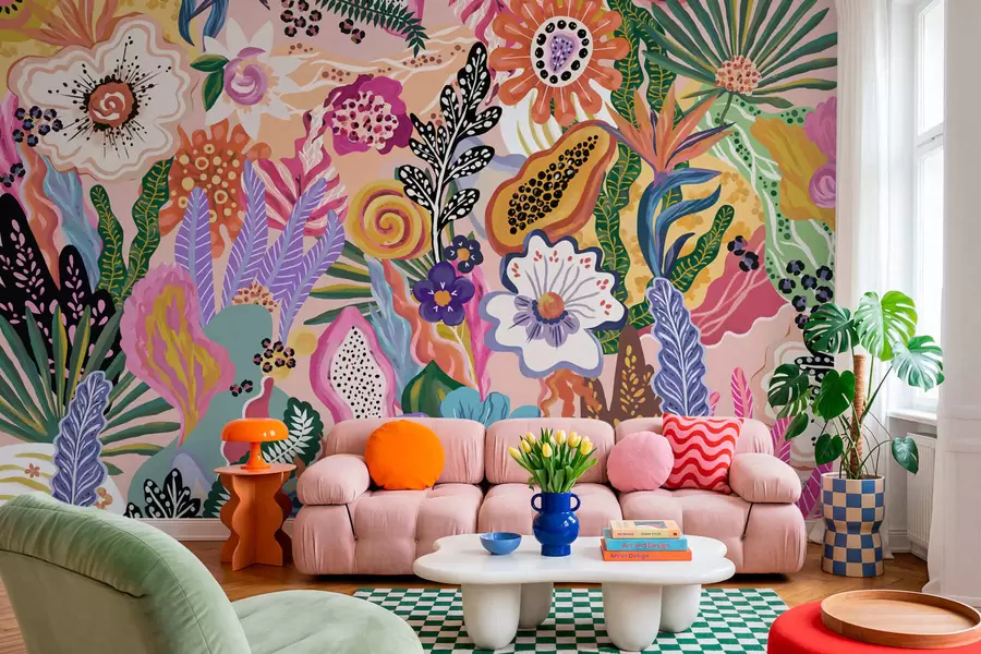 murais de parede Motivo tropical vibrante com flores, folhas e frutos coloridos w05815