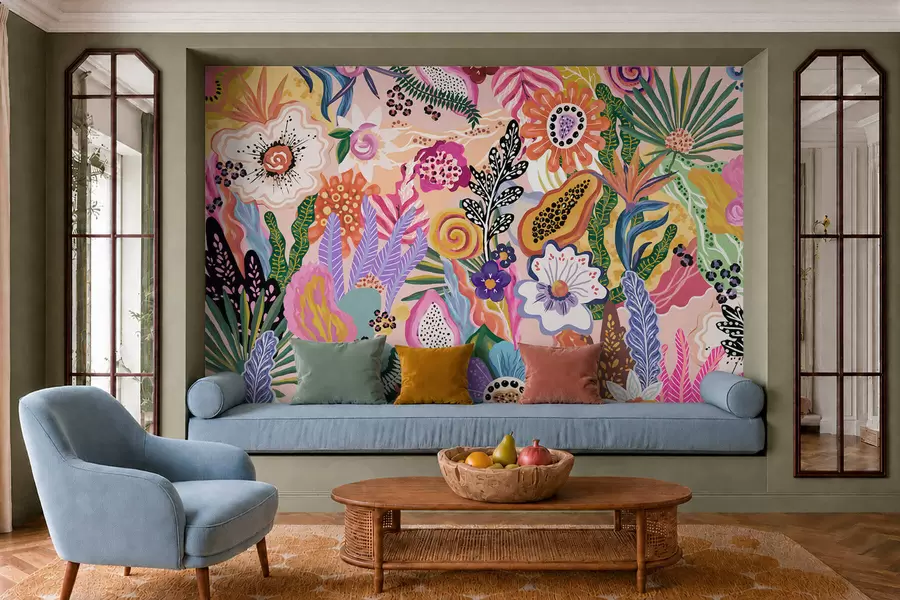 murais de parede Motivo tropical vibrante com flores, folhas e frutos coloridos w05815