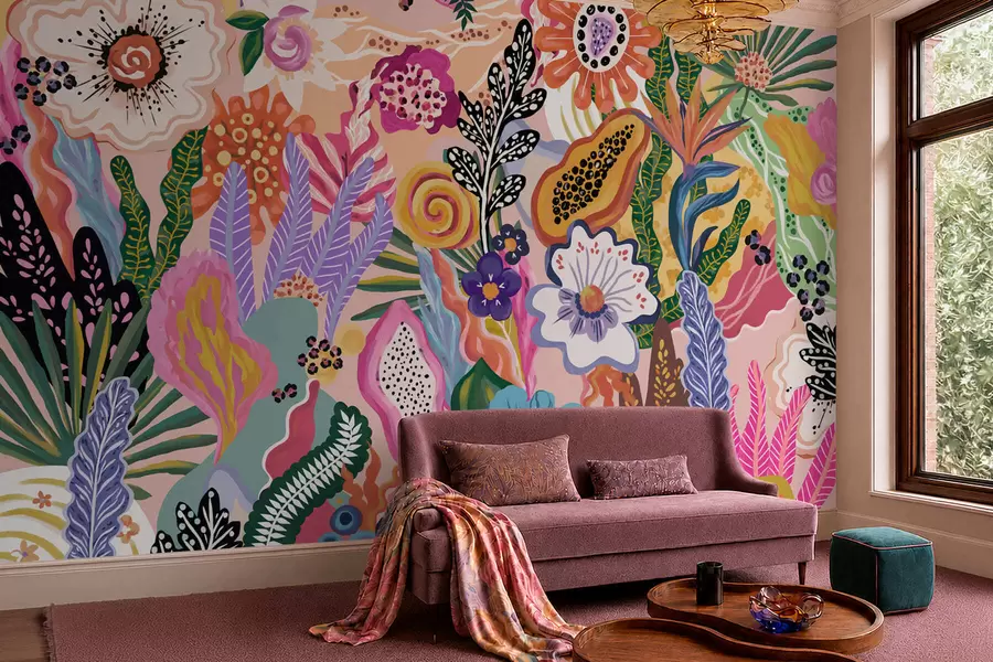 murais de parede Motivo tropical vibrante com flores, folhas e frutos coloridos w05815