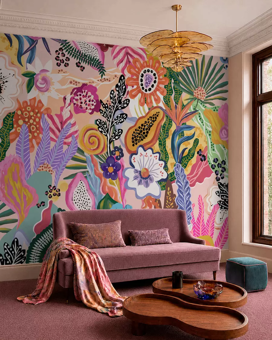 murais de parede Motivo tropical vibrante com flores, folhas e frutos coloridos w05815