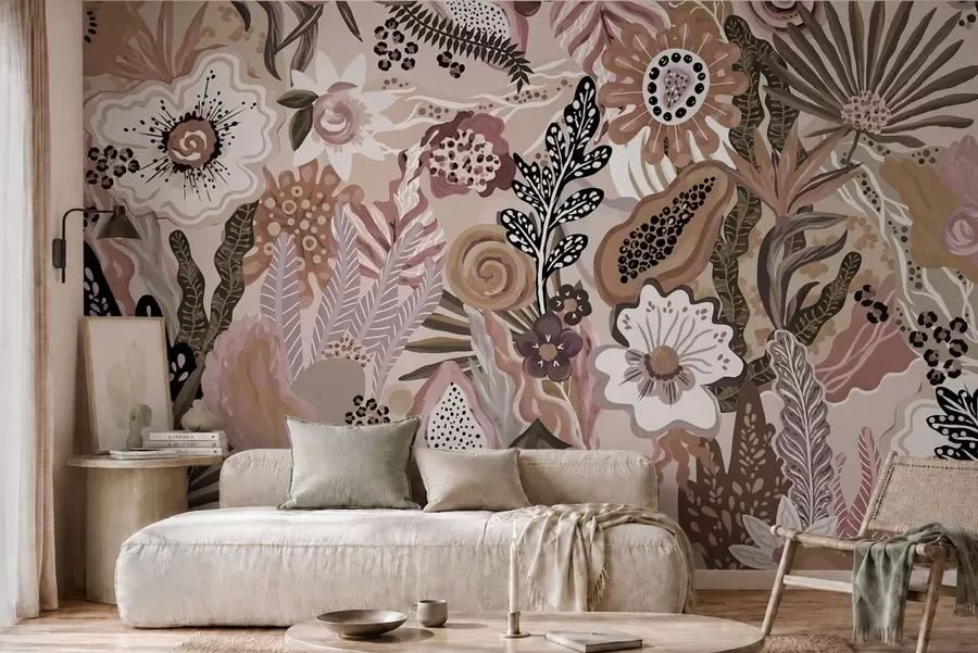 murais de parede Motivo tropical em tons suaves, com flores, folhas e tons suaves e discretos w05815v1