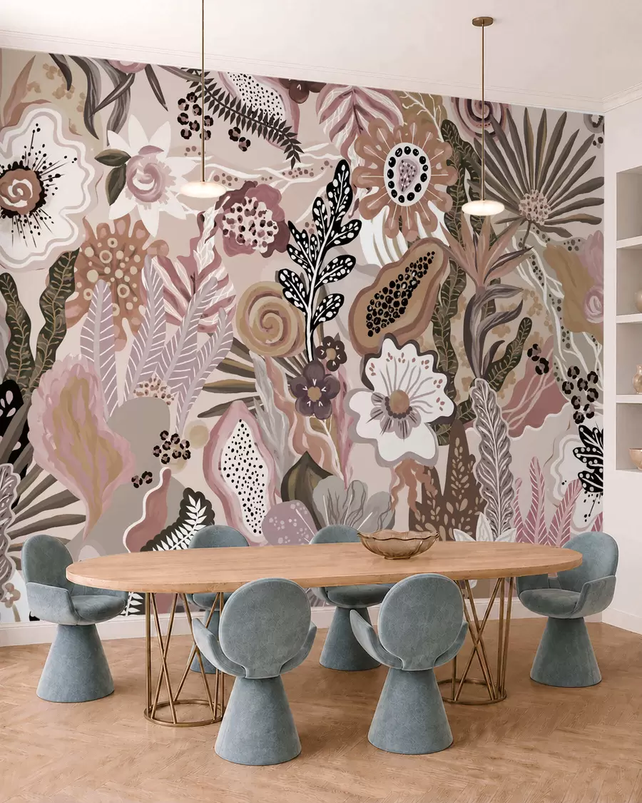 murais de parede Motivo tropical em tons suaves, com flores, folhas e tons suaves e discretos w05815v1