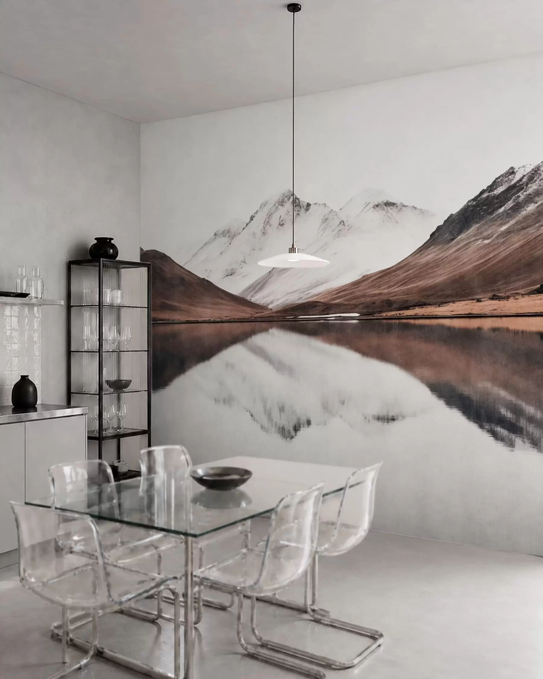 murais de parede Picos montanhosos cobertos de neve e um lago tranquilo com um reflexo semelhante a um espelho w05816