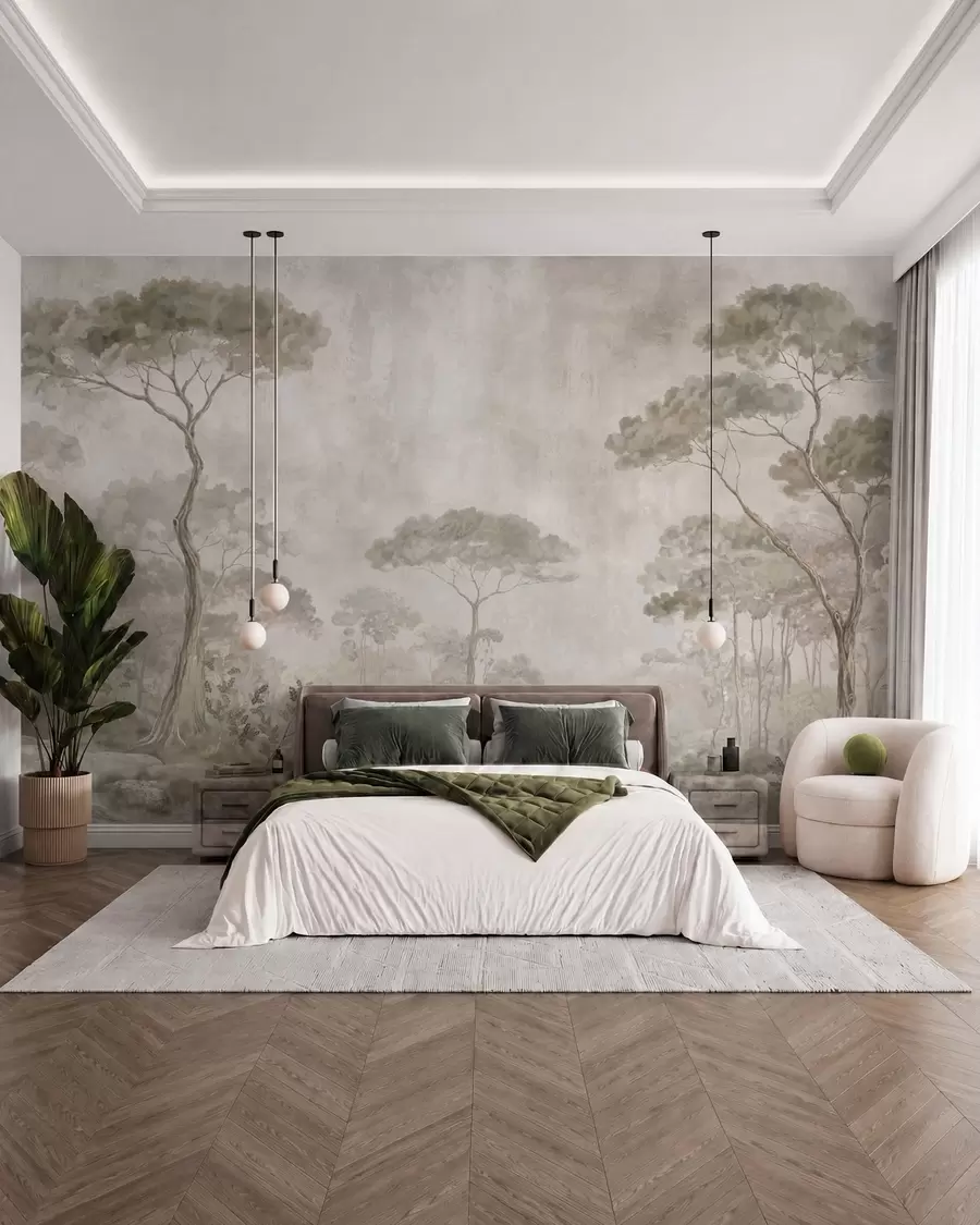 murais de parede Floresta enevoada junto a águas tranquilas, em suaves tons pastel naturais w05817