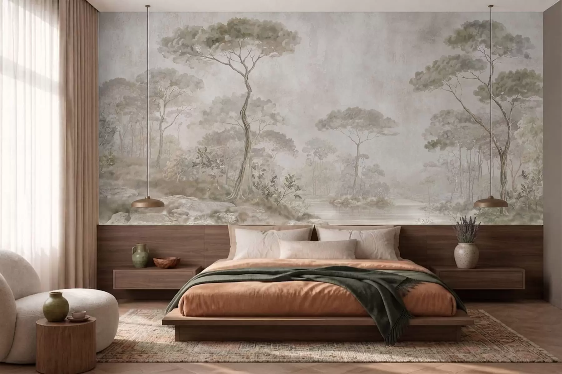 murais de parede Floresta enevoada junto a águas tranquilas, em suaves tons pastel naturais w05817