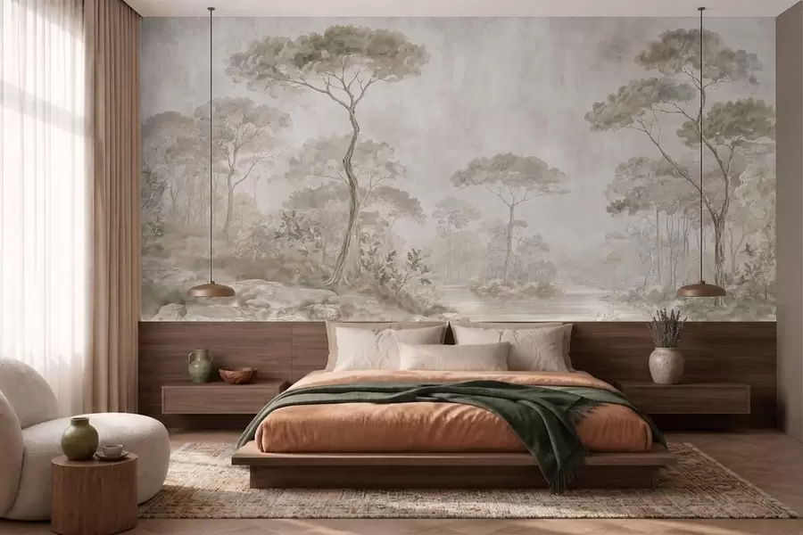 murais de parede Floresta enevoada junto a águas tranquilas, em suaves tons pastel naturais w05817