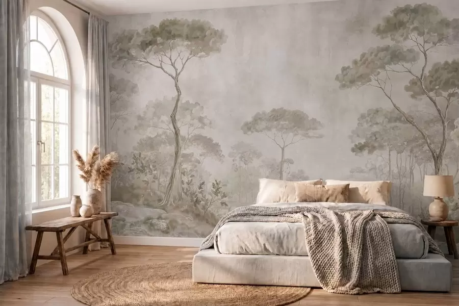 murais de parede Floresta enevoada junto a águas tranquilas, em suaves tons pastel naturais w05817