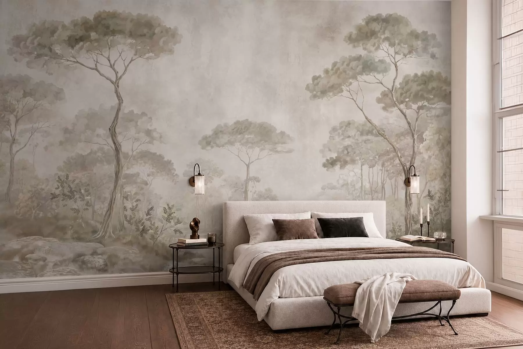 murais de parede Floresta enevoada junto a águas tranquilas, em suaves tons pastel naturais w05817