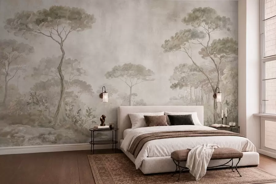 murais de parede Floresta enevoada junto a águas tranquilas, em suaves tons pastel naturais w05817